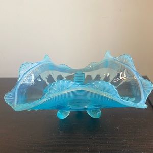 Blue Opalescent Vintage Glass Triangular 3 footed dish